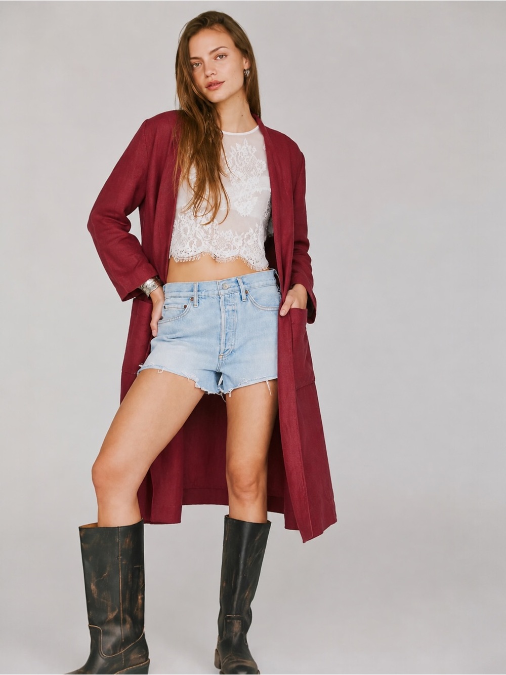 Zara Red Linen Longline Duster Coat Open
Front Jacket Sz Small